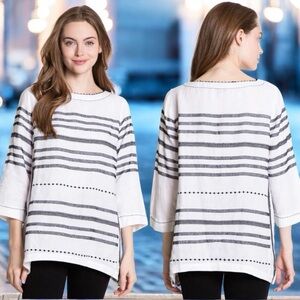 J Jill Love Linen Tunic Top XS Black Embroidered Stripes Boho Coastal Relaxed